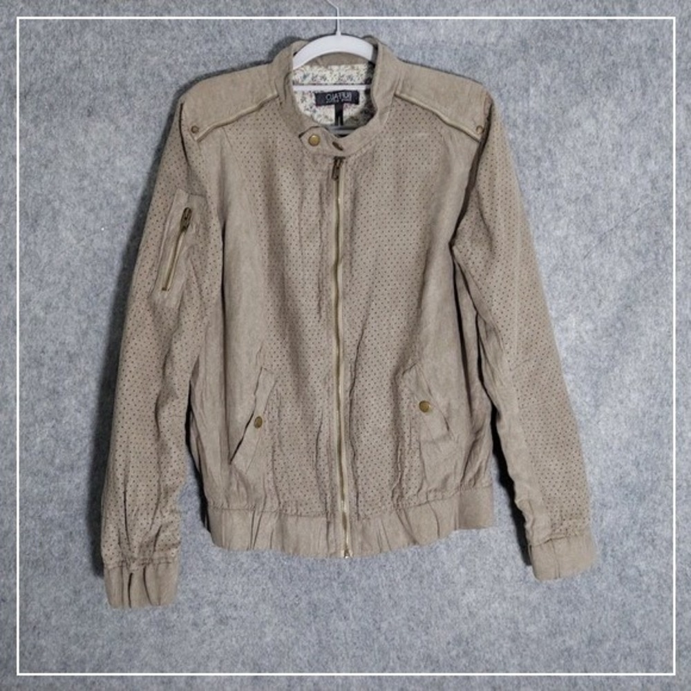 Buffalo David Bitton Women Jacket L Perforated Moto Faux Suede Tech Street Taupe